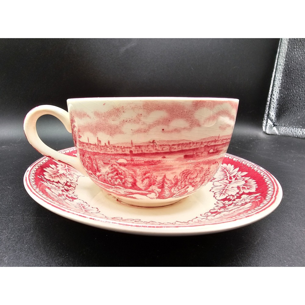 Homer Laughlin Currier & Ives Pink Red Transferware Cup Saucer View of New York
